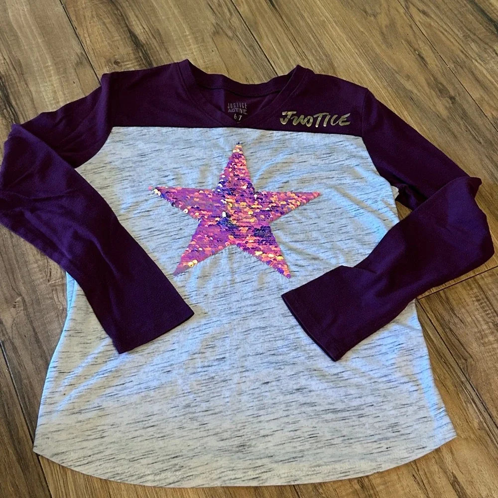 Justice Active Girls‎ Long Sleeve Sequin Star Top, Burgundy Heather, Size 6/7